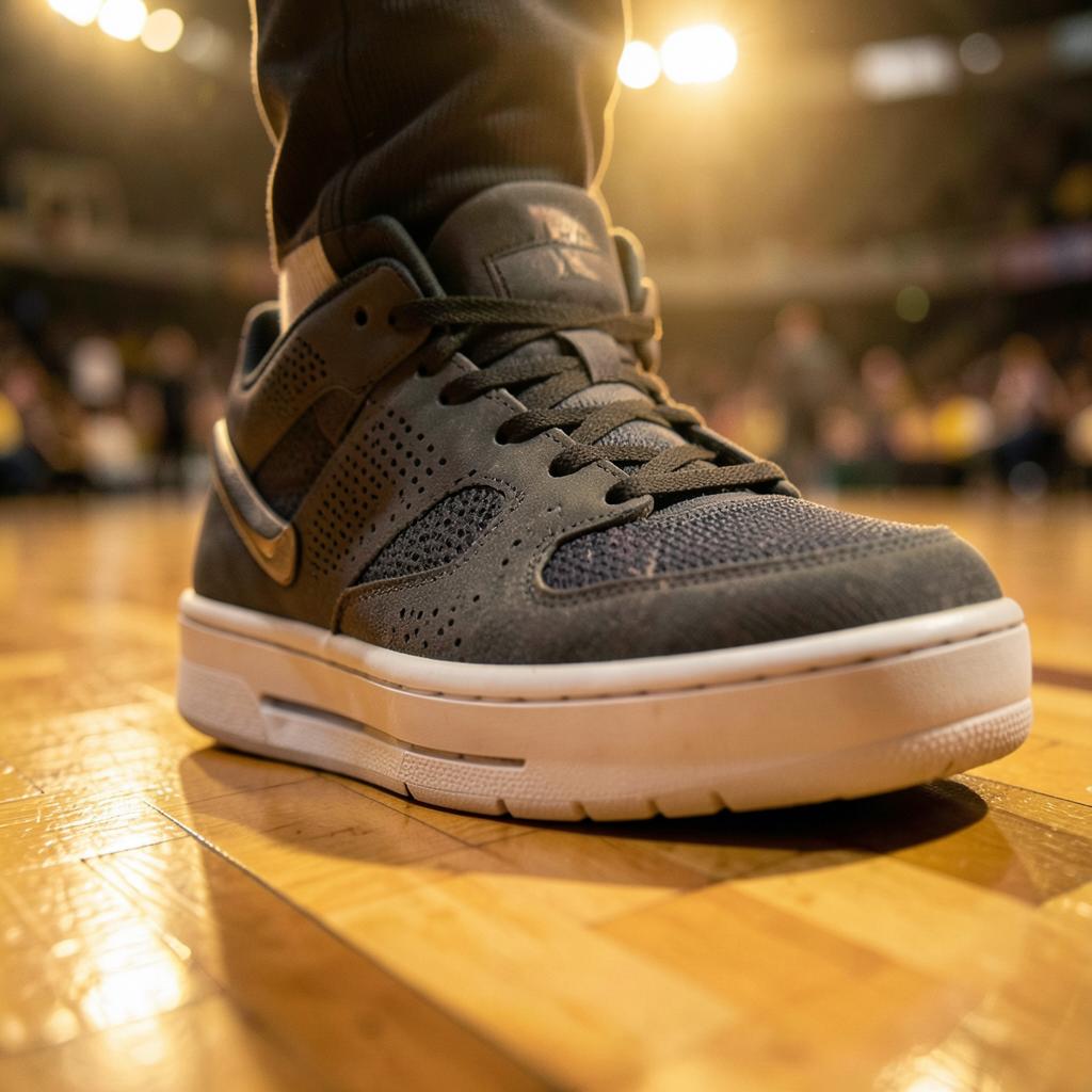 Close-up of a basketball sneaker on the arena floor