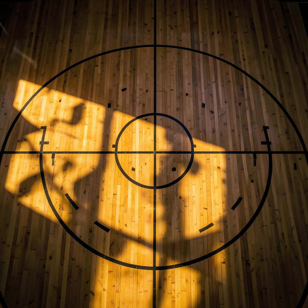 Overhead view of a basketball court center circle