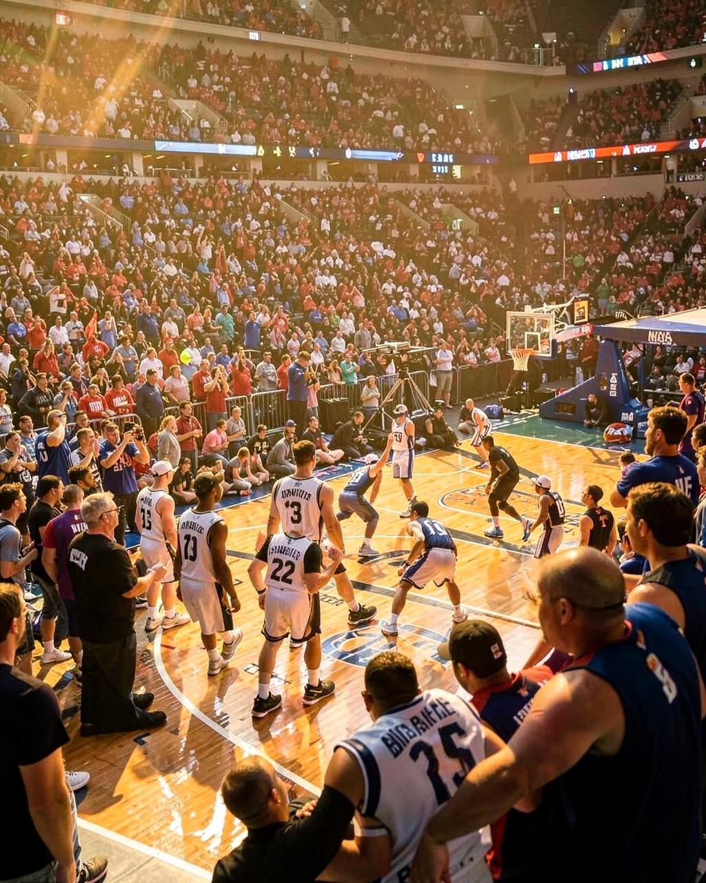 Crowd and players courtside at an NBA arena